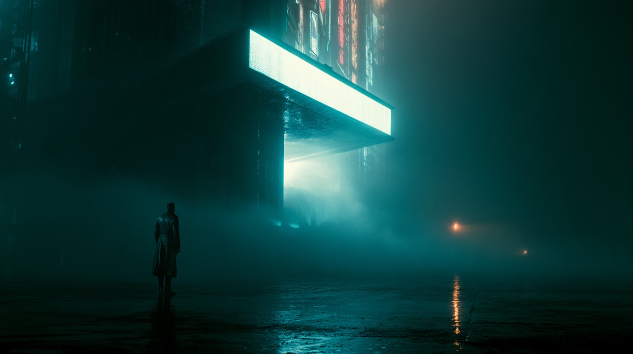 Cinematic 16:9 night frame of a lone figure dwarfed by a colossal neon-signed tower on a rain-slicked street, rendered from the conjure-shot prompt